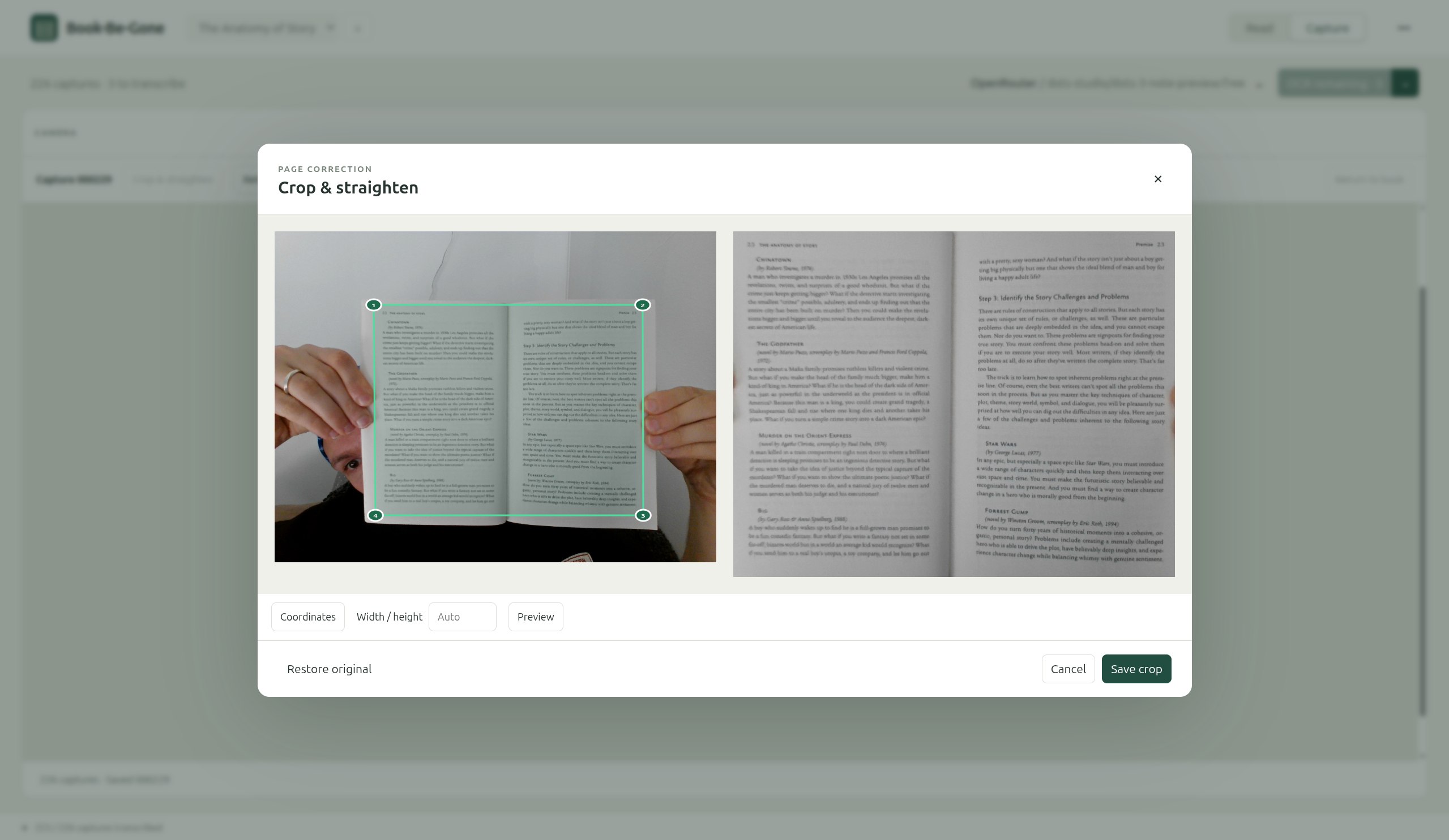 Book-Be-Gone crop-and-straighten dialog showing the photographed book spread, four corner handles and the corrected-page preview.