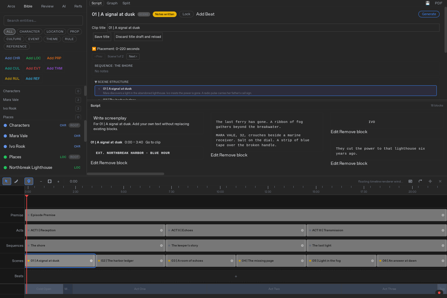 Eidetic native Linux screenplay editor and six-scene timeline for the authored Signal at Low Tide demo.