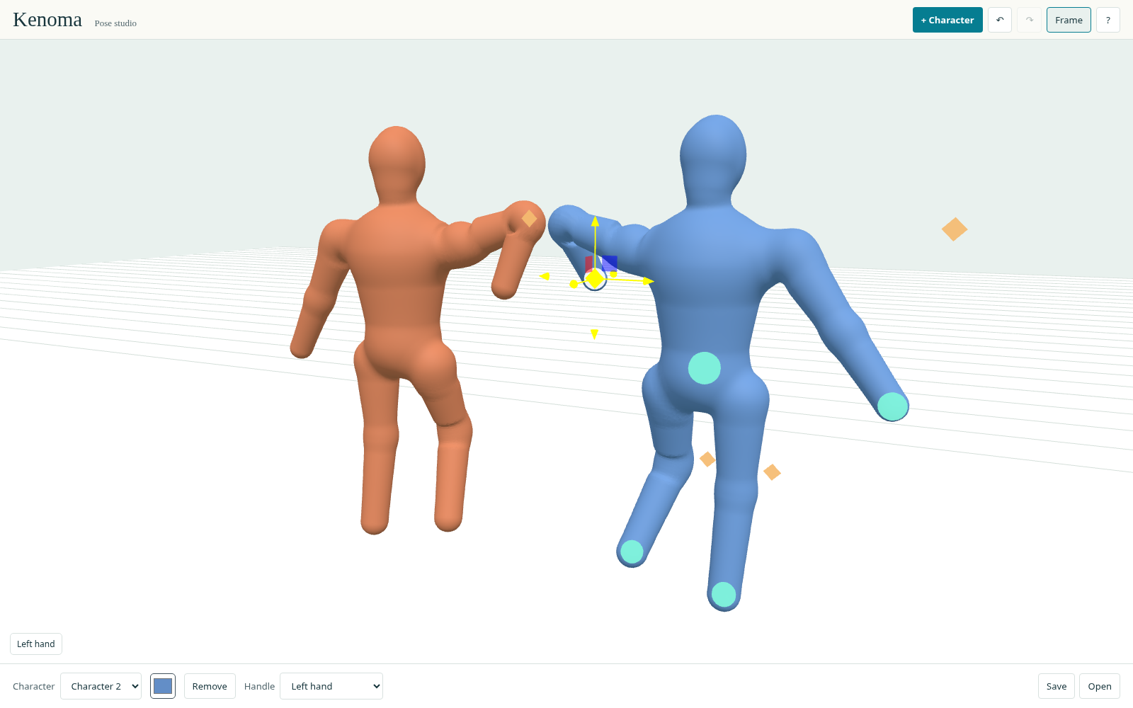 Pose, move, explore. Running Rust/WASM editor, with two characters and a live IK gizmo.