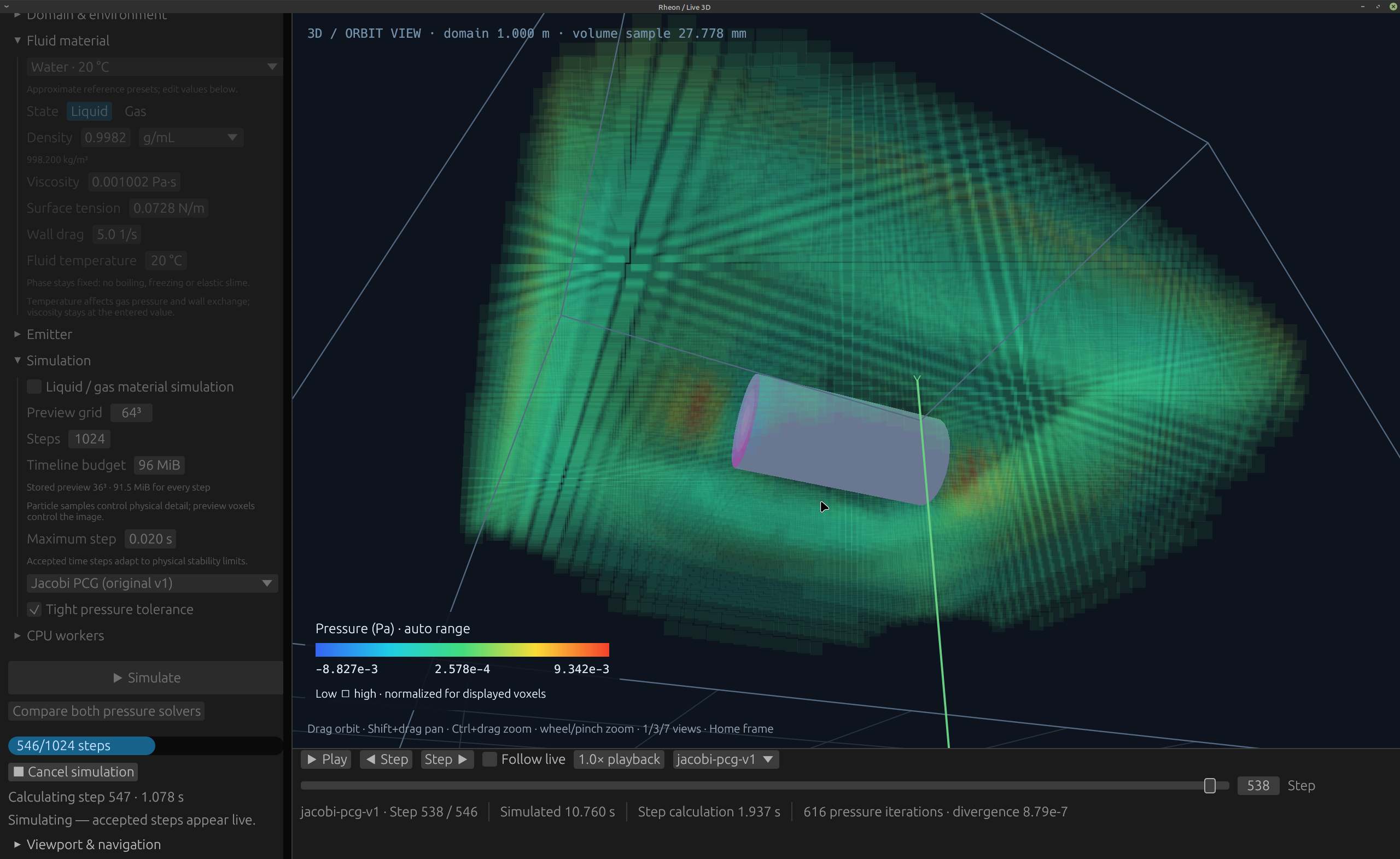 Rheon native 3D interface with a pressure-colored voxel view around a cylindrical object, material controls and timeline playback.