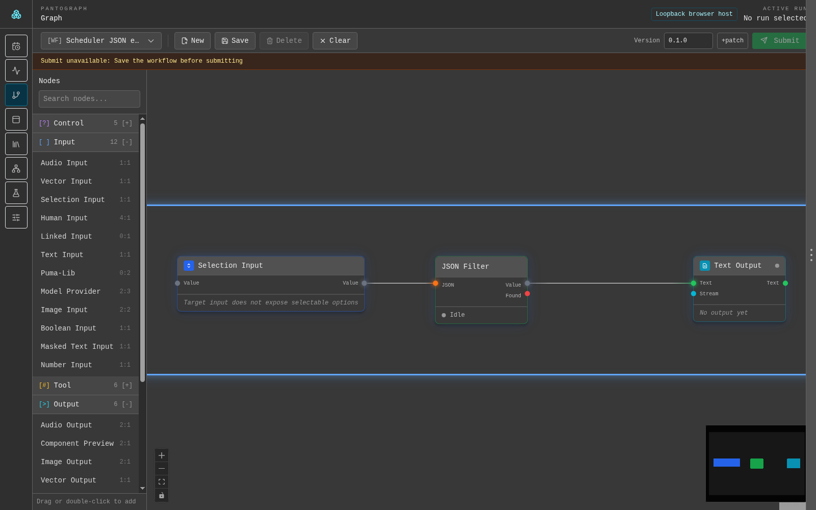 Workflow Graph: Actual Svelte Graph canvas connected to the loopback host, with backend-produced graph and definitions. Editor submission is outside this host’s capabilities.